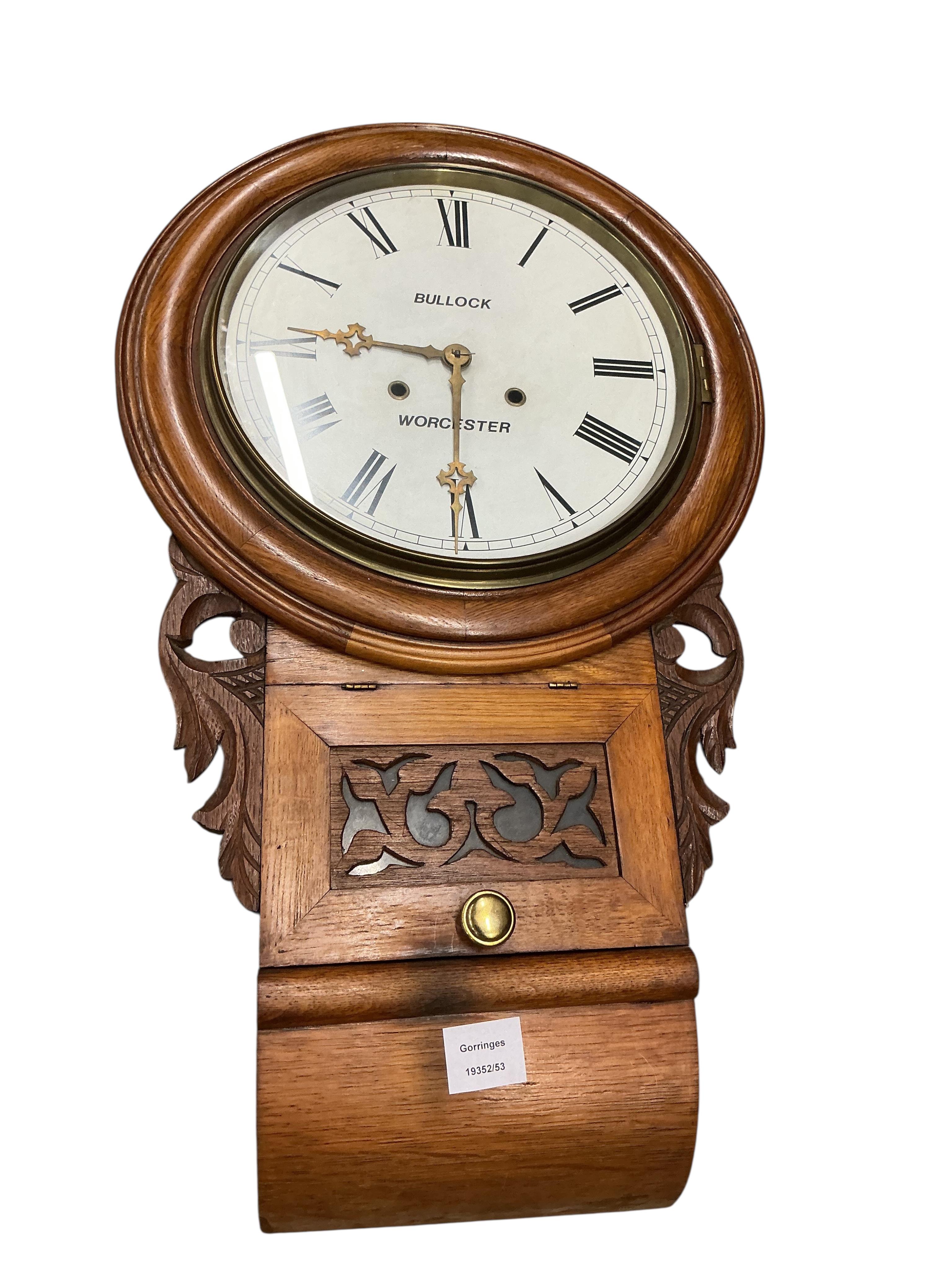 A Victorian and later oak drop dial wall timepiece, height 70cm